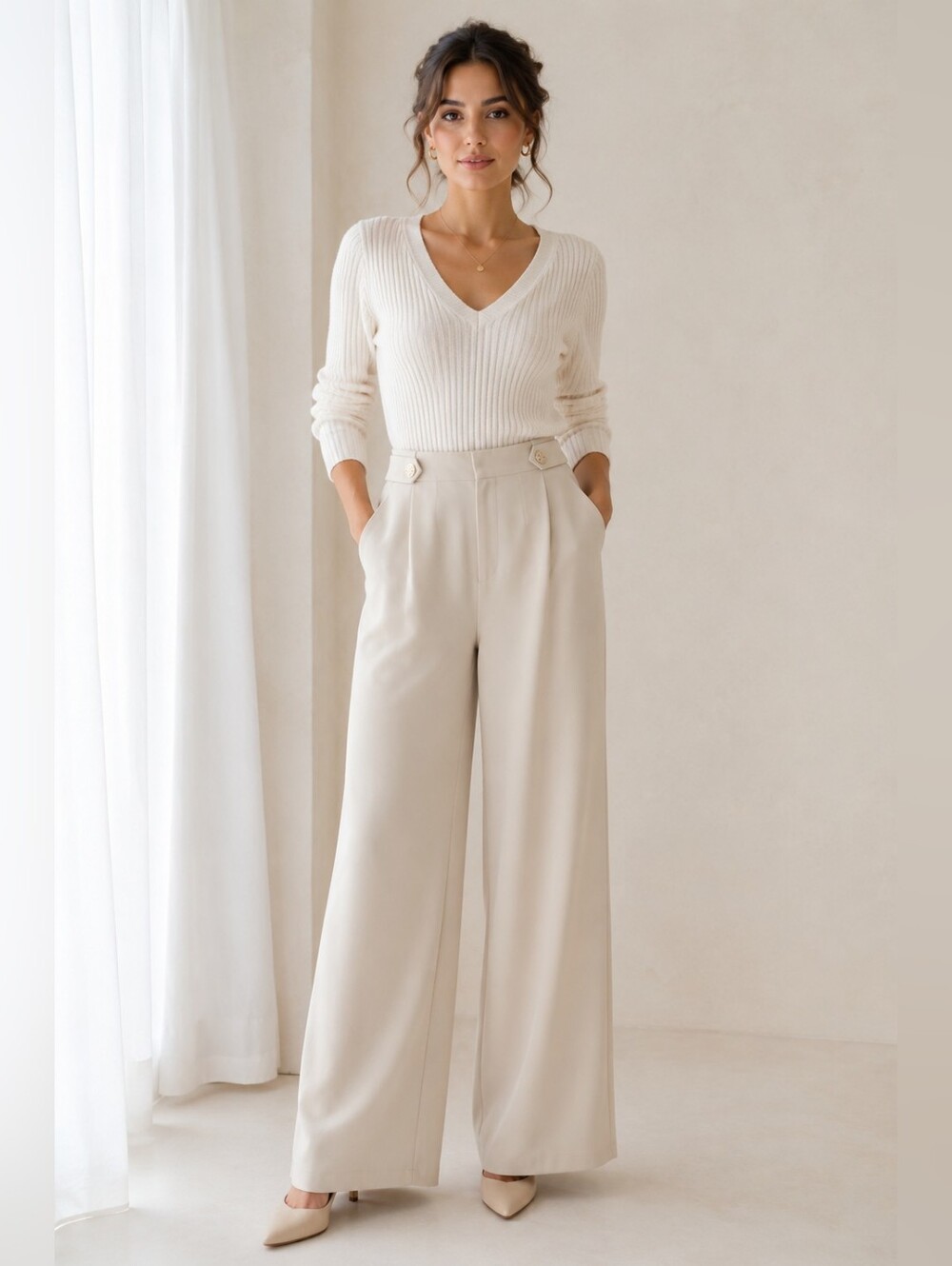 Wide-Leg High-Waist Cream Trousers